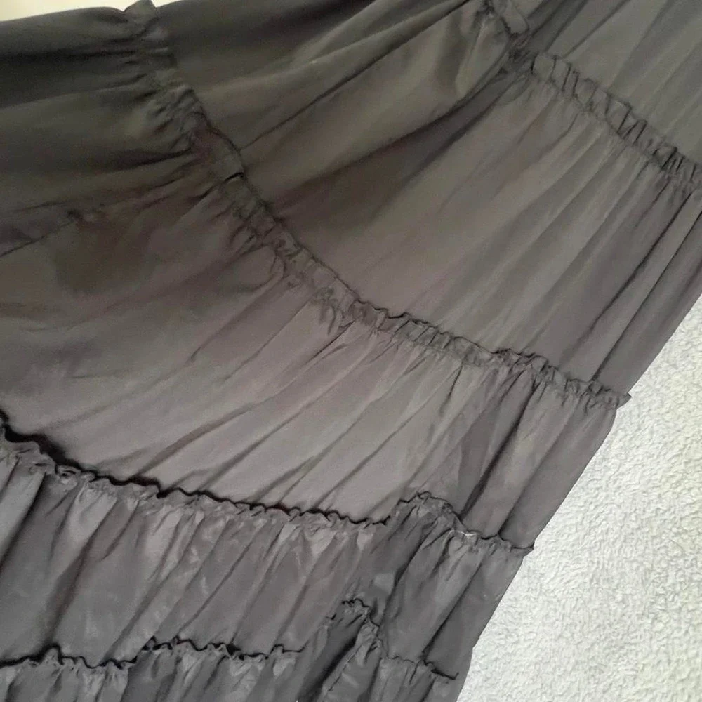 Black tiered, maxi dress tie straps dark cottage, core romantic size 4
